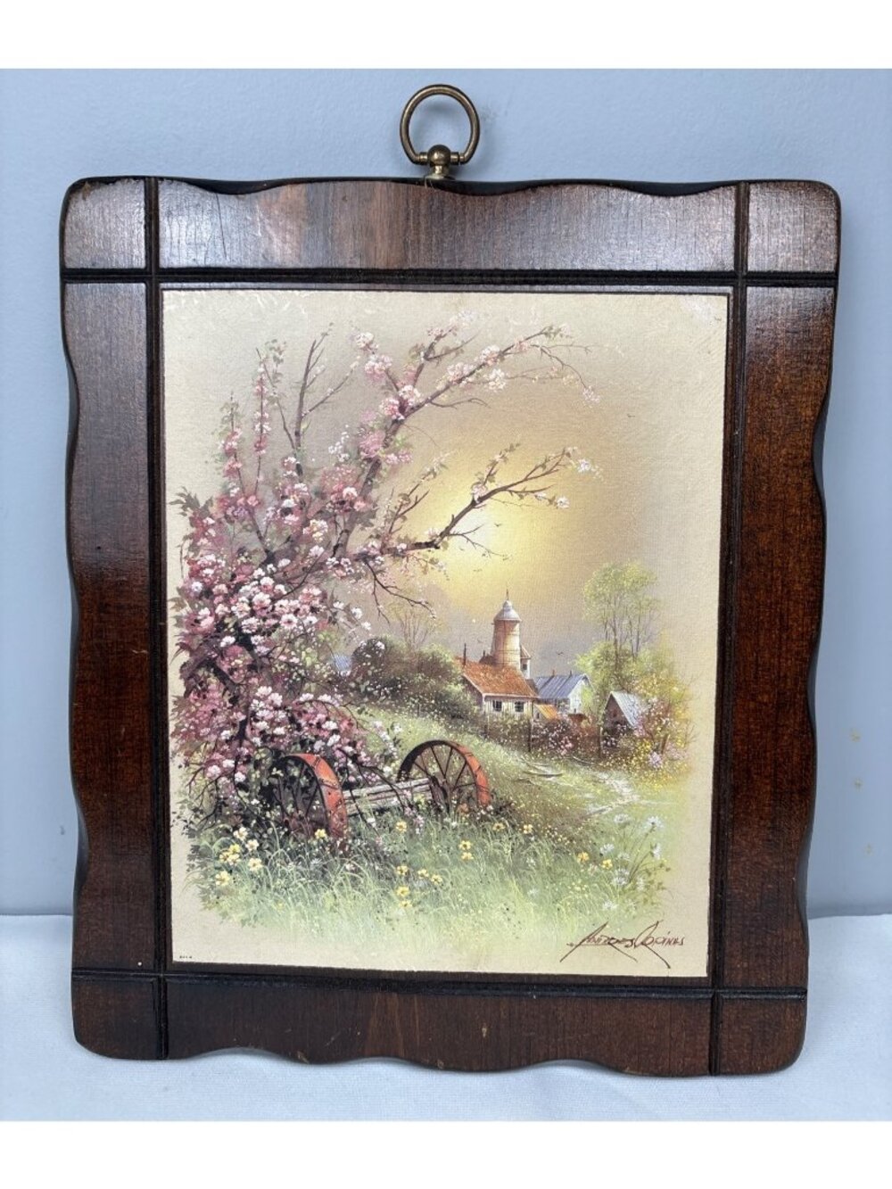 Wooden Andrew Loomis Spring Landscape Print Wagon Blossoms 14"x11" Vtg